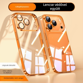 iPhone 17 Pro Max védőtok — elektroplatált PC hátlap, TPU külső, átlátszó objektívvédő, ütésálló védelem, testreszabás támogatott