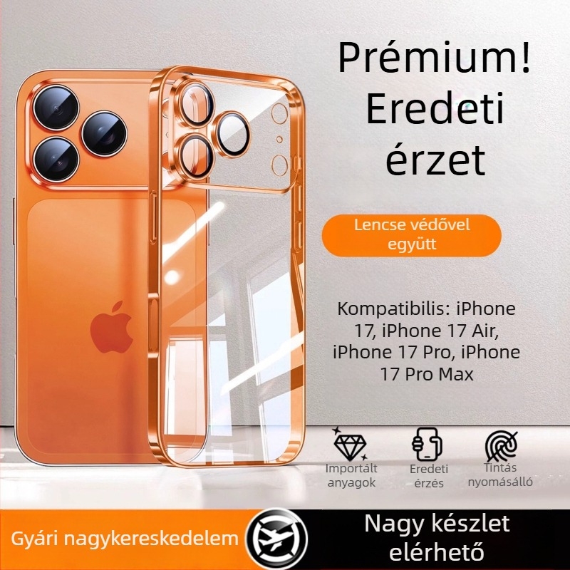 iPhone 17 Pro Max védőtok — elektroplatált PC hátlap, TPU külső, átlátszó objektívvédő, ütésálló védelem, testreszabás támogatott