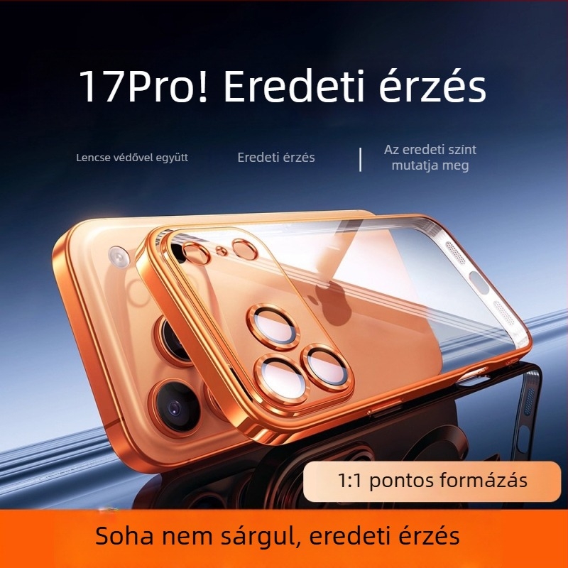 iPhone 17 Pro Max védőtok — elektroplatált PC hátlap, TPU külső, átlátszó objektívvédő, ütésálló védelem, testreszabás támogatott