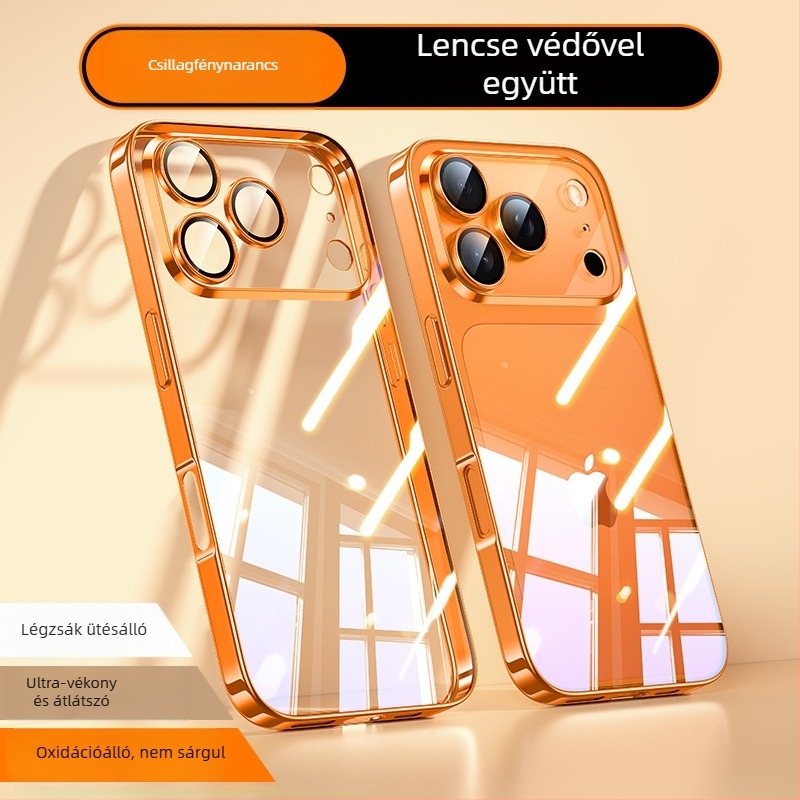iPhone 17 Pro Max védőtok — elektroplatált PC hátlap, TPU külső, átlátszó objektívvédő, ütésálló védelem, testreszabás támogatott