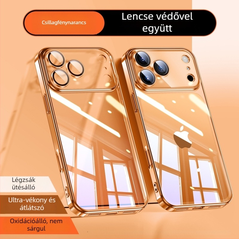 iPhone 17 Pro Max védőtok — elektroplatált PC hátlap, TPU külső, átlátszó objektívvédő, ütésálló védelem, testreszabás támogatott