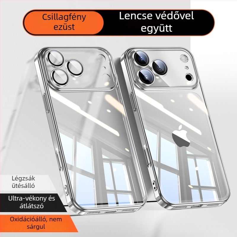 iPhone 17 Pro Max védőtok — elektroplatált PC hátlap, TPU külső, átlátszó objektívvédő, ütésálló védelem, testreszabás támogatott