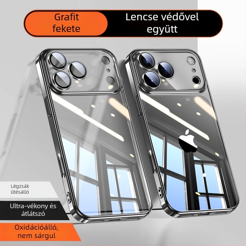 iPhone 17 Pro Max védőtok — elektroplatált PC hátlap, TPU külső, átlátszó objektívvédő, ütésálló védelem, testreszabás támogatott