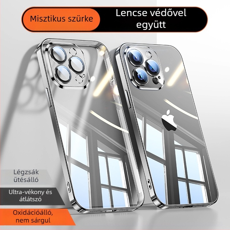 iPhone 17 Pro Max védőtok — elektroplatált PC hátlap, TPU külső, átlátszó objektívvédő, ütésálló védelem, testreszabás támogatott
