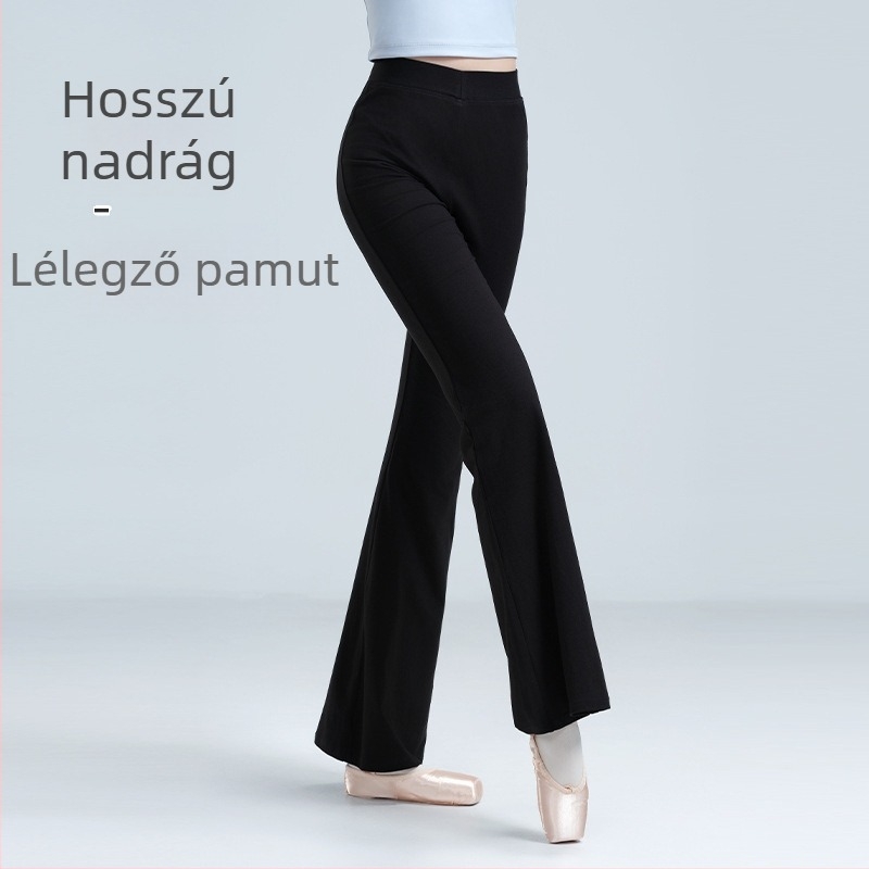 Női fekete táncpantalon, hosszú, enyhén bővülő szárú, modern táncra és mindennapi gyakorlásra