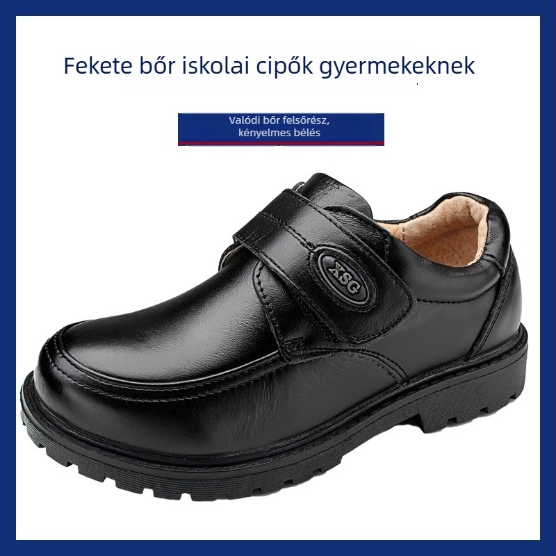 Uniszex kis bőrcipő diákoknak, felső rész split bőr, gumi talp, 4–16 éveseknek