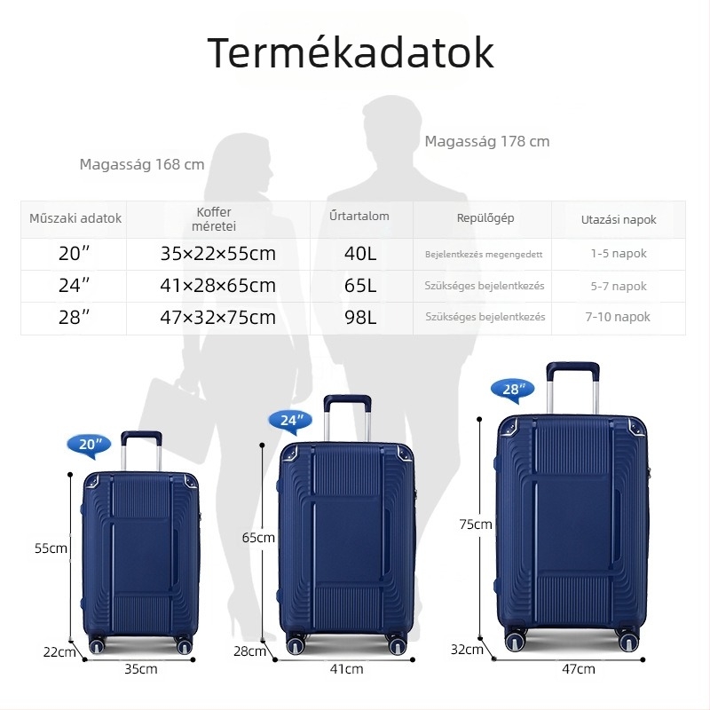 PP keményhéjú bőrönd készlet TSA zár, csendes univerzális kerekek, kibővíthető, 36–55 L kapacitás, vízálló és lopás elleni