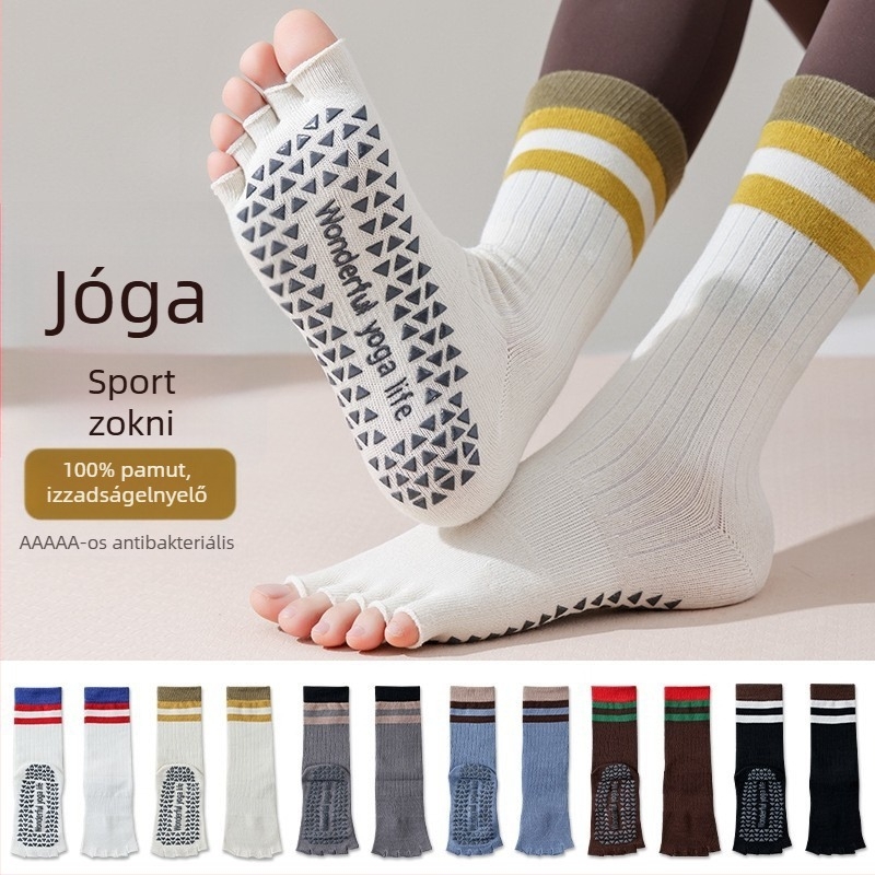 Női hosszú jóga ötujjas zokni, csúszásmentes, nyitott lábujjakkal, pamut, magas cső, izzadás- és szagtalanítás