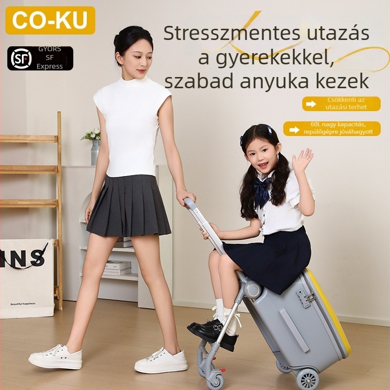 Gyerekeknek utazó bőrönd ülés funkcióval, nagy kapacitás, PC ház, 5,1 kg, TSA kombinált zár, cipzáras nyitás, univerzális kerekek