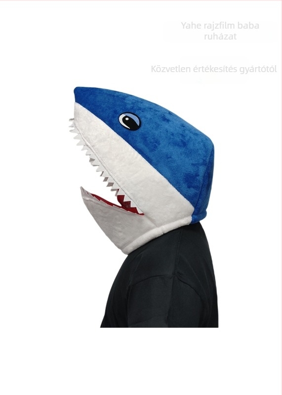 Uniszex cápafej jelmez Halloweenre — karikatúraszerű fejmaszk parti és színházi előadásokhoz; poliészter-spandex keverék, 50–70% spandex.