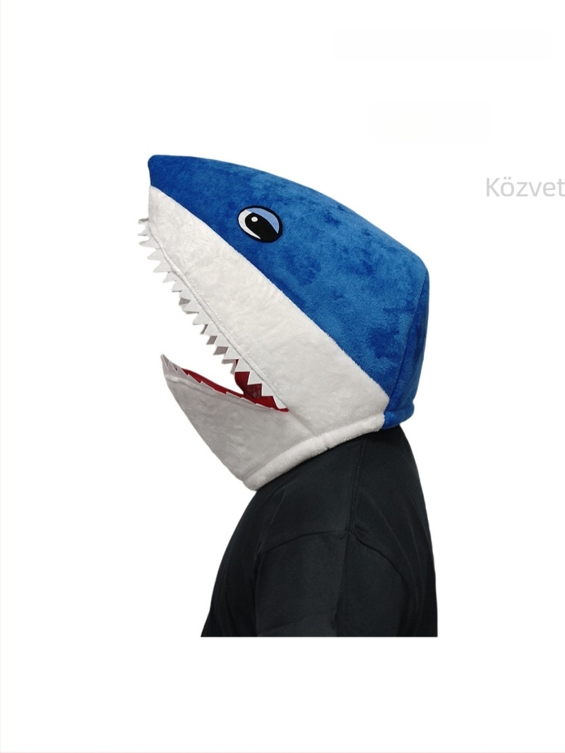 Uniszex cápafej jelmez Halloweenre — karikatúraszerű fejmaszk parti és színházi előadásokhoz; poliészter-spandex keverék, 50–70% spandex.