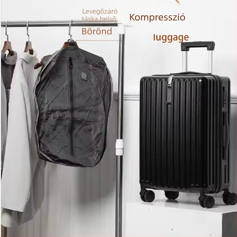 Vákuumkompressziós bőrönd kivehető légmentesen záródó táskával, 56–75 L kapacitás, kemény PC héj, TSA zár, vízálló