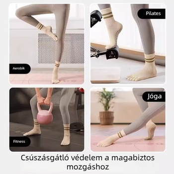 Ötujjas jóga zokni, 100% pamut, csúszásmentes, izzadságelnyelő, középhosszú nőknek