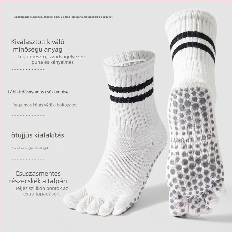 Ötujjas jóga zokni, 100% pamut, csúszásmentes, izzadságelnyelő, középhosszú nőknek