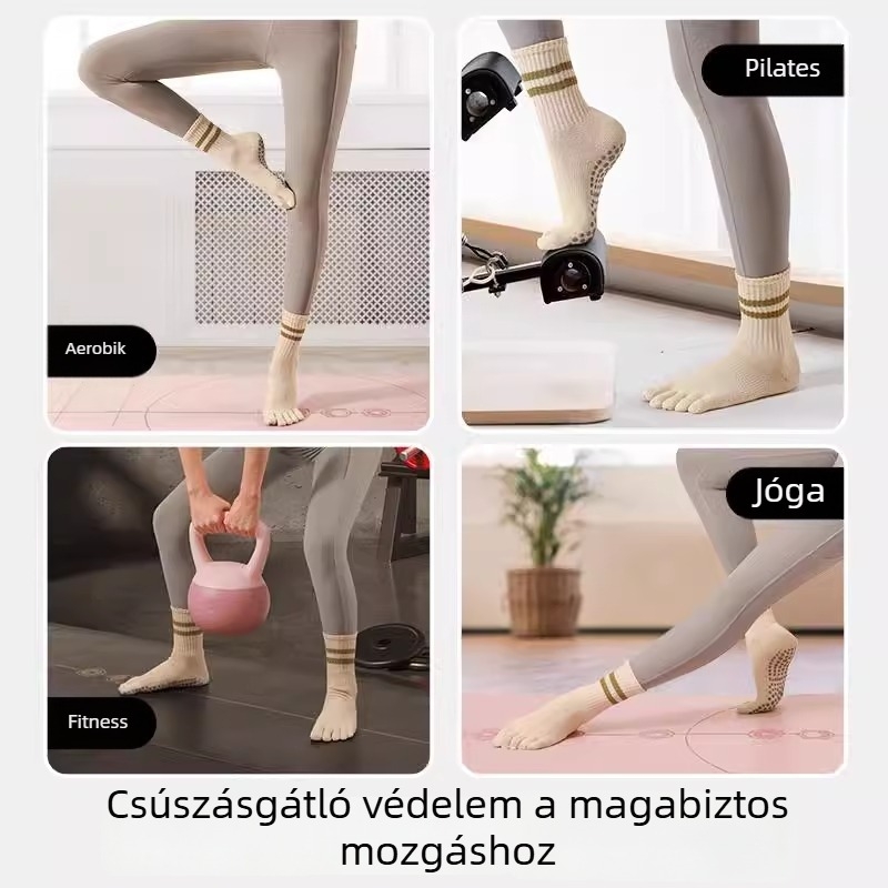 Ötujjas jóga zokni, 100% pamut, csúszásmentes, izzadságelnyelő, középhosszú nőknek