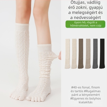 Női ötujjas gyapjú zokni, félvádli hosszúságú kötött, külön ujjak, diamant mintával