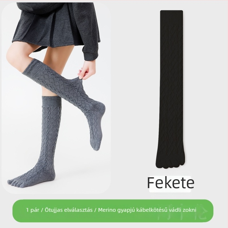 Női ötujjas gyapjú zokni, félvádli hosszúságú kötött, külön ujjak, diamant mintával