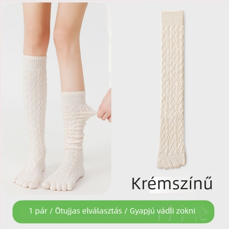 Női ötujjas gyapjú zokni, félvádli hosszúságú kötött, külön ujjak, diamant mintával