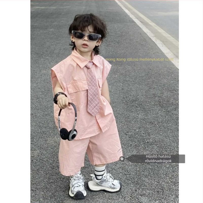 Háromrészes gyerek öltöny, ujjatlan ing, nyakkendő — Koreai stílus, nyár 2024, anyag: poliészter regenerált cellulóz rostokkal (51–70%).