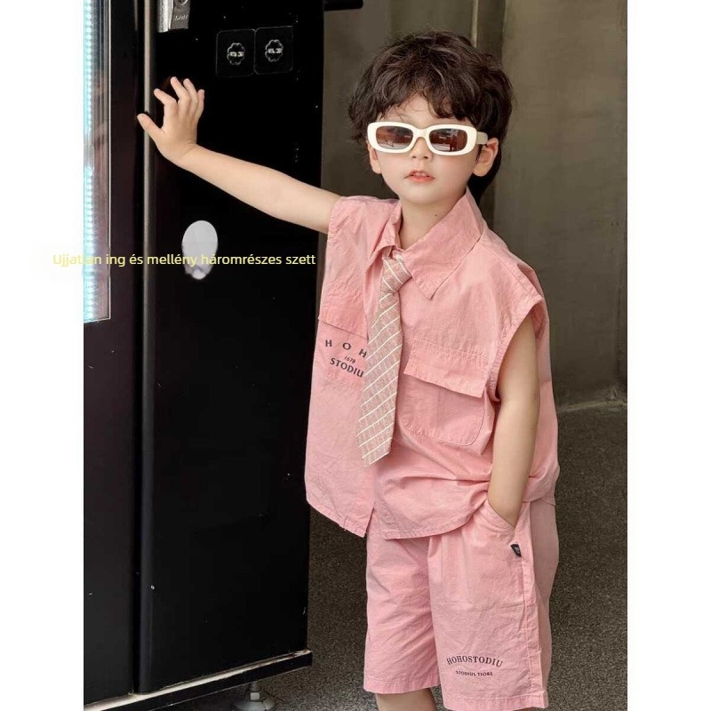 Háromrészes gyerek öltöny, ujjatlan ing, nyakkendő — Koreai stílus, nyár 2024, anyag: poliészter regenerált cellulóz rostokkal (51–70%).
