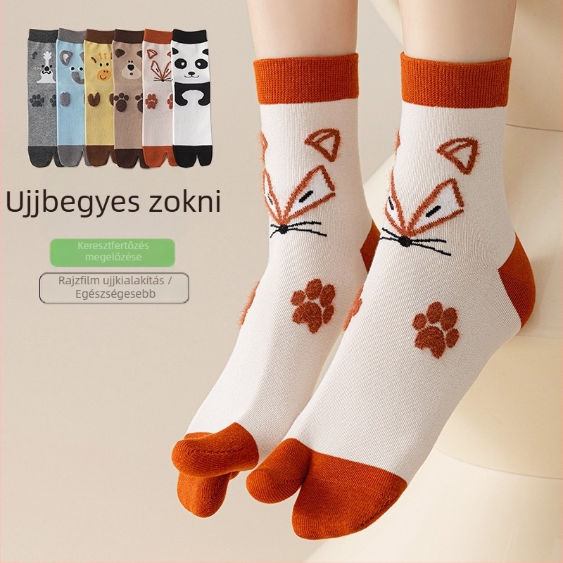 Női középmagas zokni kétujjas kialakítással, rajzfilm mintával, légáteresztő, szagtalan