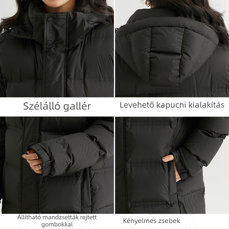 Hosszú téli dzseki kapucnival, töltet gúsi pufi 195-242 g, 800 tolltartalom, poliészter anyag