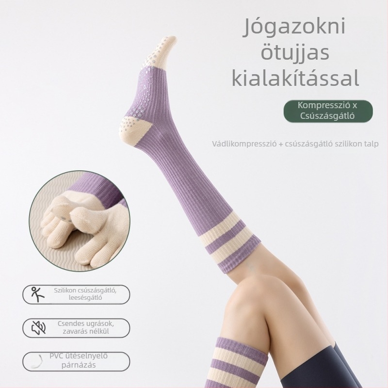 Ötujjú jóga zokni pilateshez – csúszásmentes, kompressziós formázás, hosszú szárú, nőknek