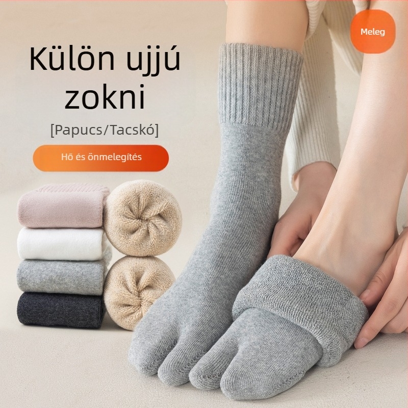 Női kétujjú zokni ősz-télre, fleece belsővel, pamut-keverék, középméretű hossz