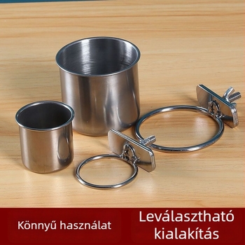 Rozsdamentes acél papagáj etető pohárklippel és pohártartóval, etetőcsatorna