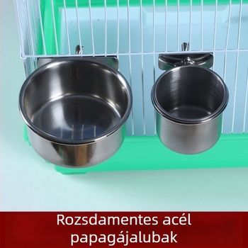 Rozsdamentes acél papagáj etető pohárklippel és pohártartóval, etetőcsatorna