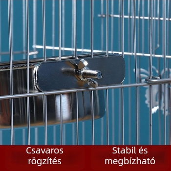 Rozsdamentes acél papagáj etető pohárklippel és pohártartóval, etetőcsatorna