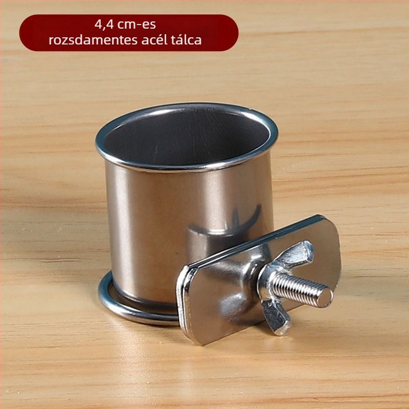 Rozsdamentes acél papagáj etető pohárklippel és pohártartóval, etetőcsatorna