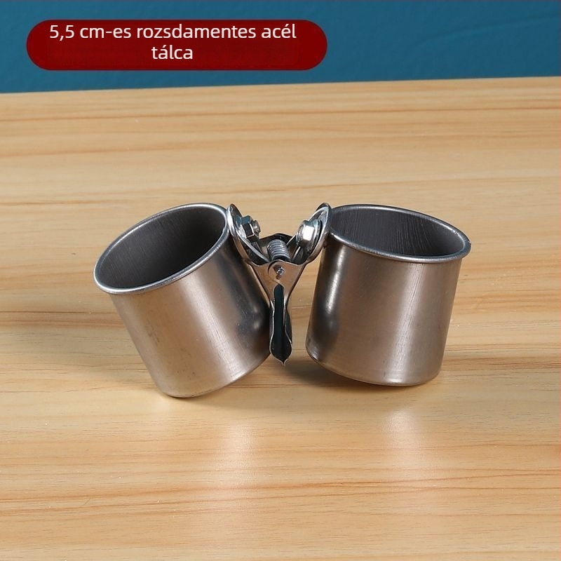 Rozsdamentes acél papagáj etető pohárklippel és pohártartóval, etetőcsatorna