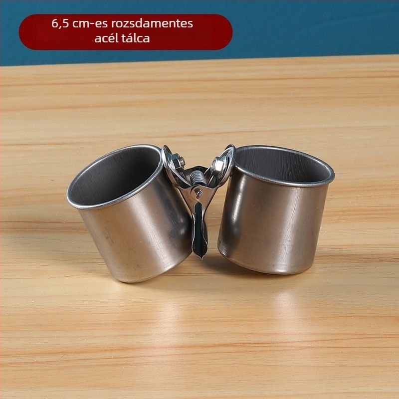 Rozsdamentes acél papagáj etető pohárklippel és pohártartóval, etetőcsatorna