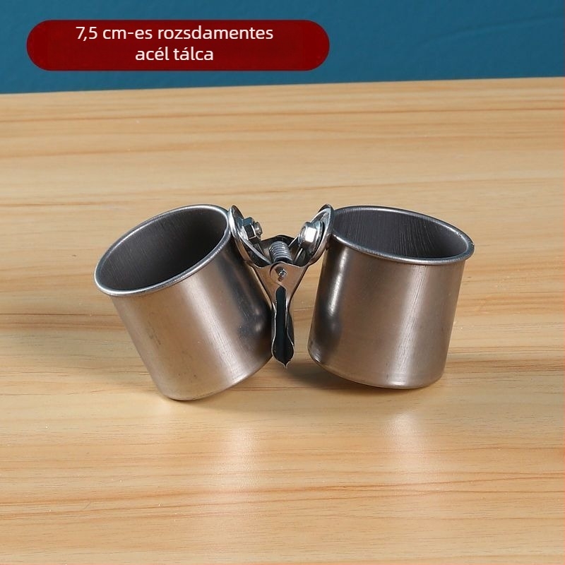 Rozsdamentes acél papagáj etető pohárklippel és pohártartóval, etetőcsatorna