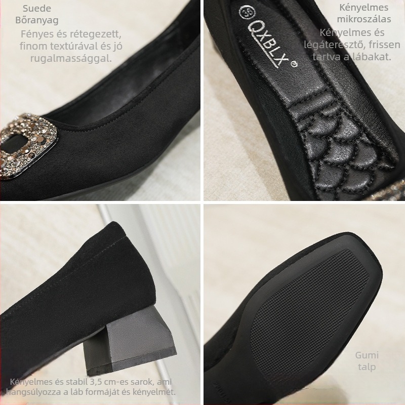Női velúr cipő, négyszögletes orrú, négyszögletes csattal, vastag középmagas sarok 3–6 cm, gumitalp