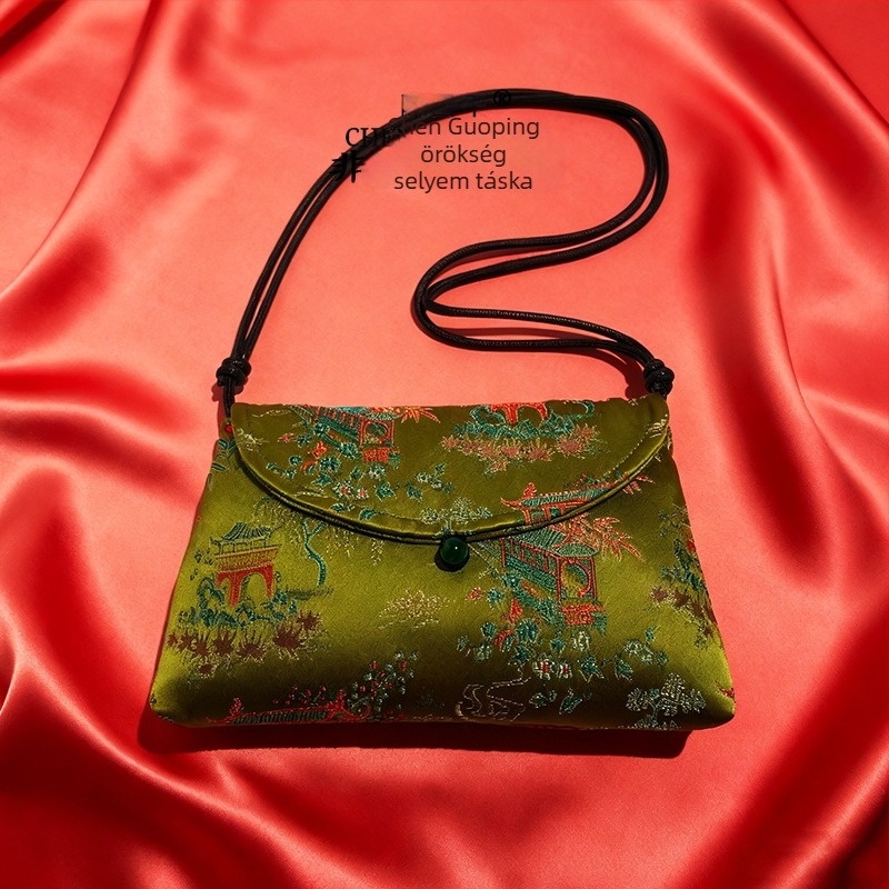 Mulberry selyem crossbody táska, envelope stílus, vízszintes négyzet alakú, zárt nyitás, irodalmi-nemzeti dizájn