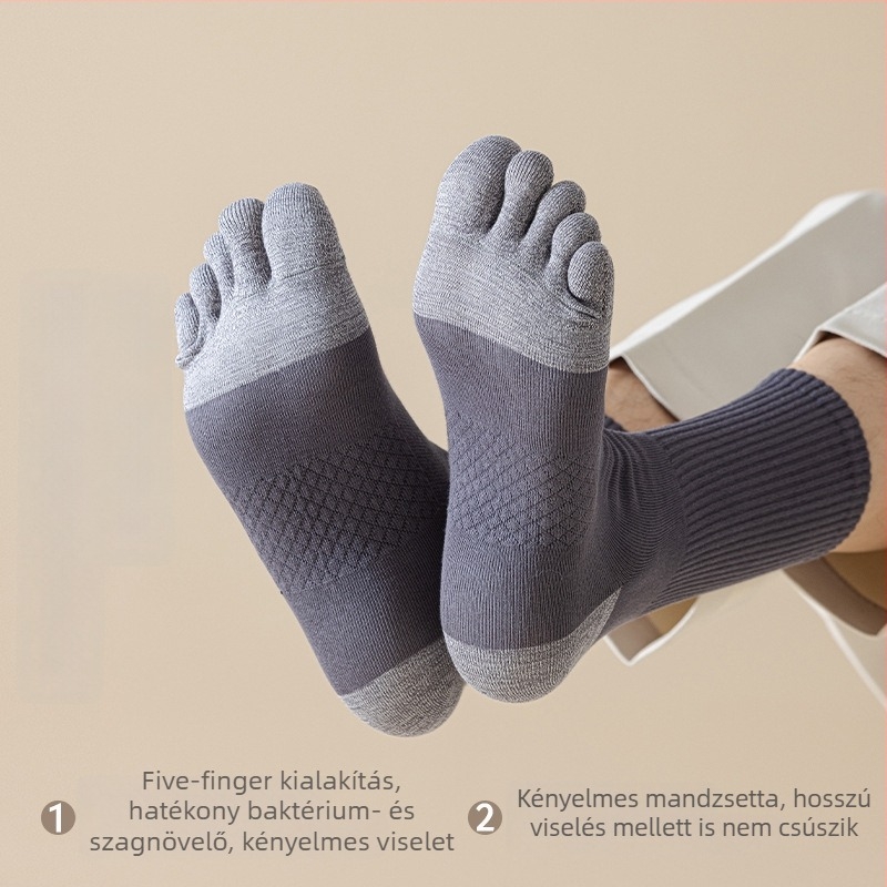 Férfi ötujjú sportzokni középmagas hosszúságú, nedvességelvezető és szagtalanító, pamut 93,4% / spandex 3,7% / nylon 2,9%, színblokkminta