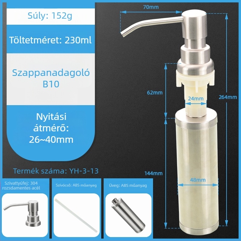 Konyhai mosogató mosószappan adagoló, rozsdamentes acél, modern minimalista stílus, általános célú, CISQU