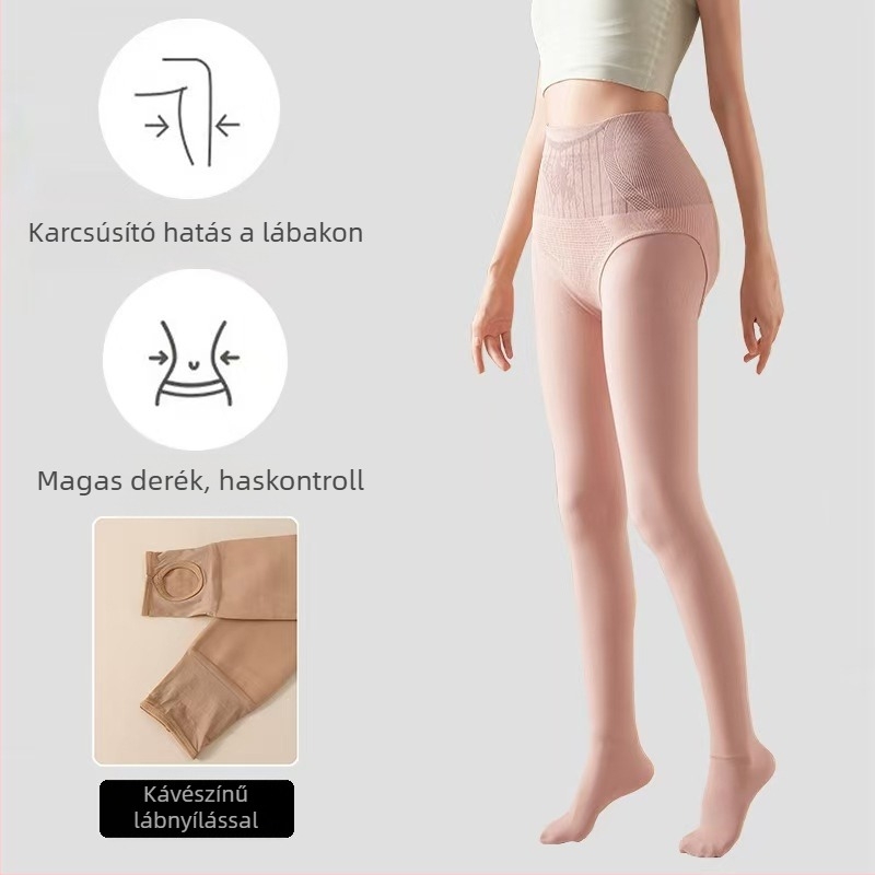 Fényes, magas derekú haskontrollos harisnyanadrág fleece-belelt, természetes hatás, ősz-tél