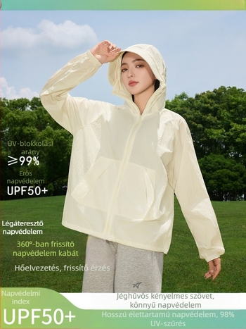 Női kültéri szélkabát UPF50+ UV védelemmel, légáteresztő, ultra könnyű, poliészter-spandex anyagú, kapucnival