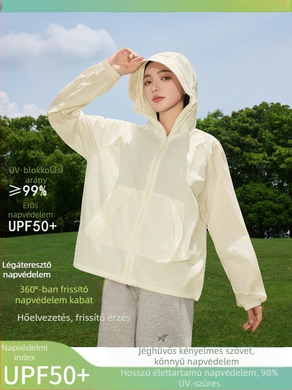 Női kültéri szélkabát UPF50+ UV védelemmel, légáteresztő, ultra könnyű, poliészter-spandex anyagú, kapucnival