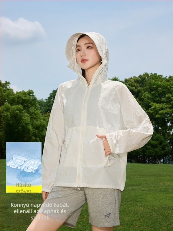 Női kültéri szélkabát UPF50+ UV védelemmel, légáteresztő, ultra könnyű, poliészter-spandex anyagú, kapucnival