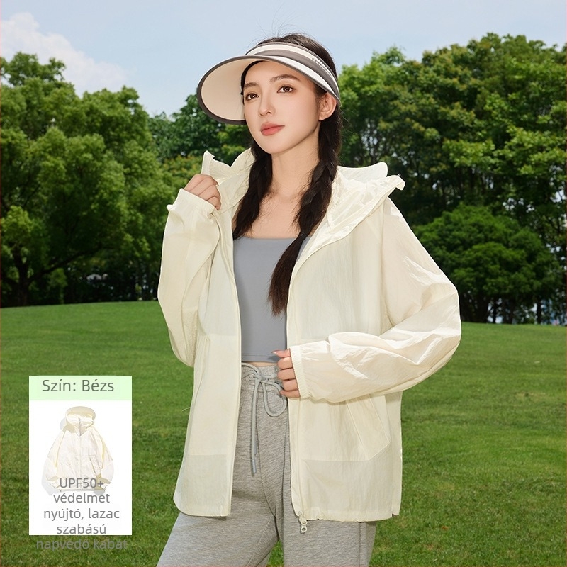 Női kültéri szélkabát UPF50+ UV védelemmel, légáteresztő, ultra könnyű, poliészter-spandex anyagú, kapucnival