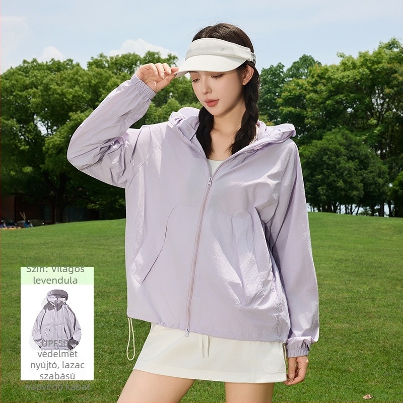 Női kültéri szélkabát UPF50+ UV védelemmel, légáteresztő, ultra könnyű, poliészter-spandex anyagú, kapucnival