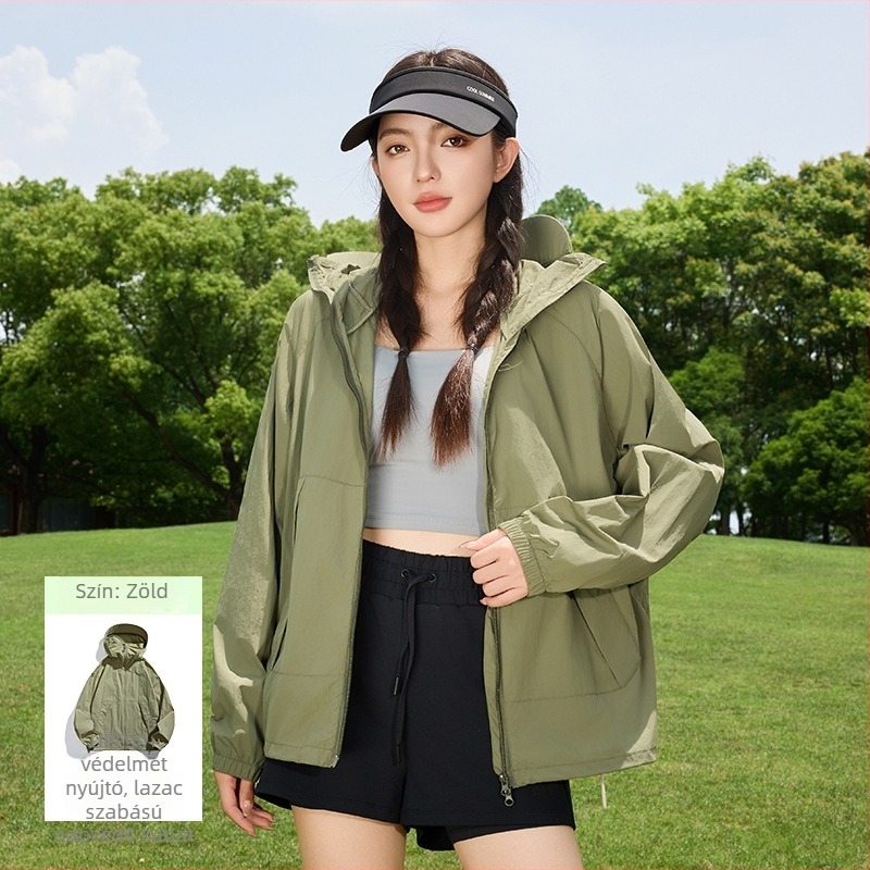 Női kültéri szélkabát UPF50+ UV védelemmel, légáteresztő, ultra könnyű, poliészter-spandex anyagú, kapucnival