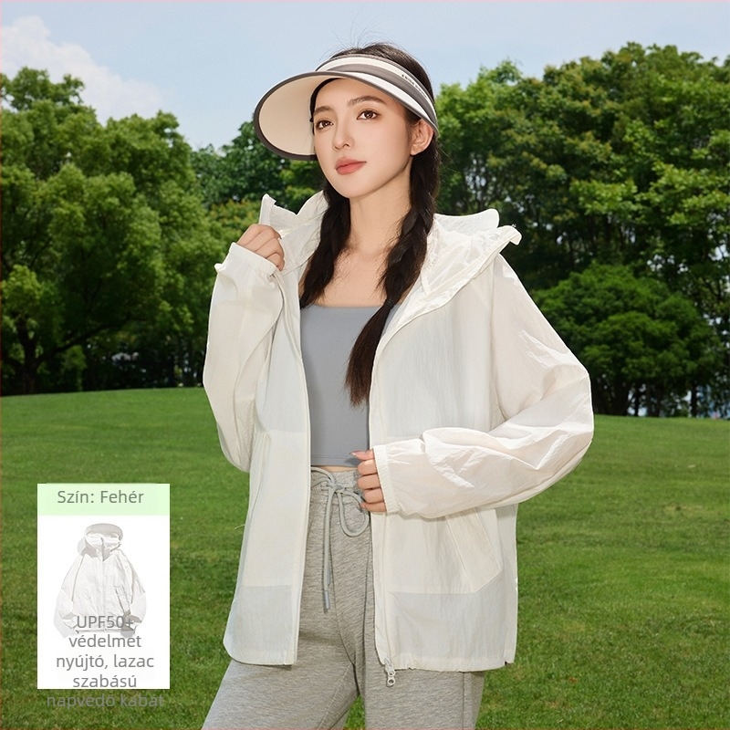 Női kültéri szélkabát UPF50+ UV védelemmel, légáteresztő, ultra könnyű, poliészter-spandex anyagú, kapucnival