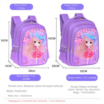 Lányoknak készült általános iskolai iskolatáska, nylon anyag, légáteresztő, tehercsökkentő, hercegnő mintázat, bélés nylon