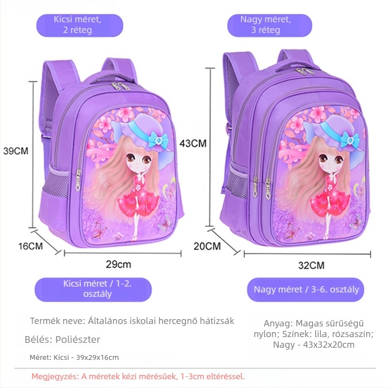 Lányoknak készült általános iskolai iskolatáska, nylon anyag, légáteresztő, tehercsökkentő, hercegnő mintázat, bélés nylon