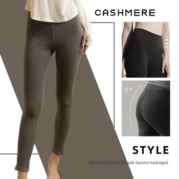 Kasmír és akril 30–50% keverékű nadrág, rövid hossz, magas derekú, egyenes szabású, vastag és meleg